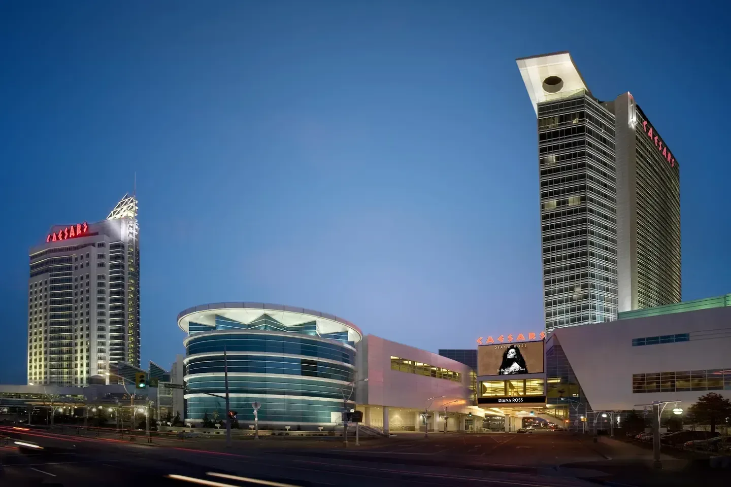 Hotel exterior with evening light